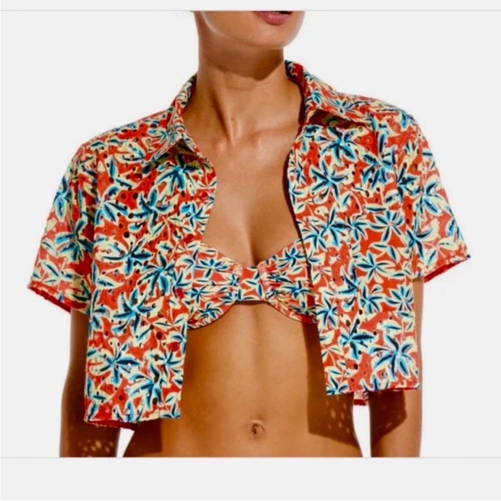 Solid & Striped The Cropped Cabana Eyelet Floral DAZE Print Coral Orange NWT MED - Picture 11 of 11